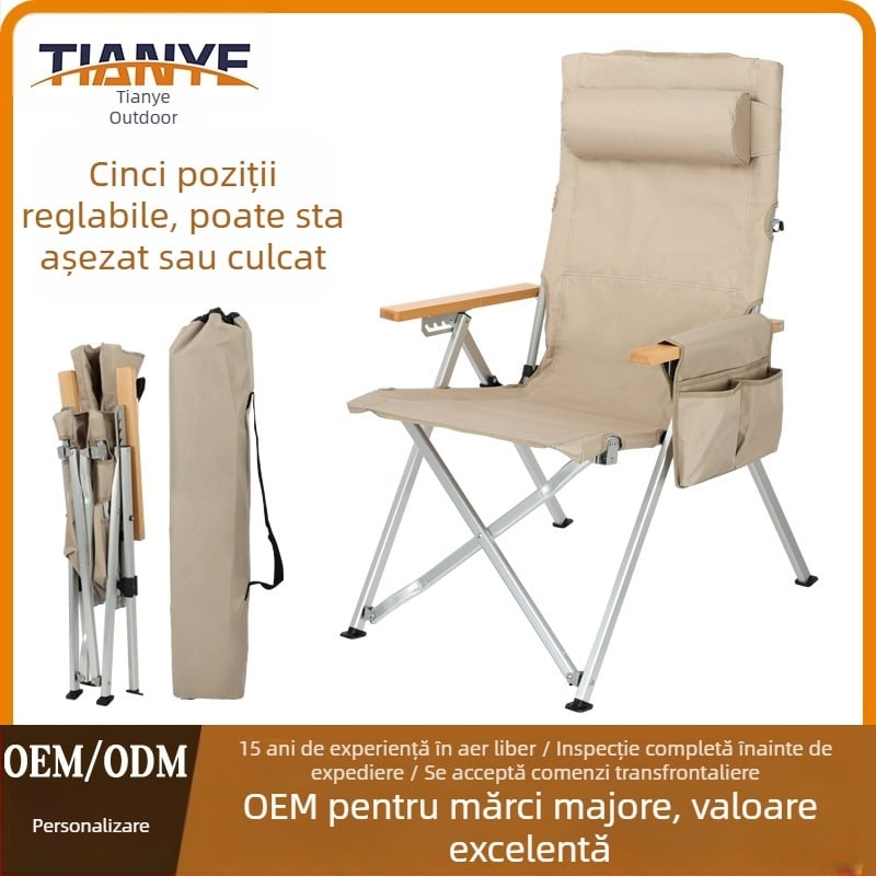 Scaun pliabil de picnic pentru exterior, cu spate înalt și brațe, cadru din aliaj de aluminiu, dimensiuni 59 x 70 x 100 cm