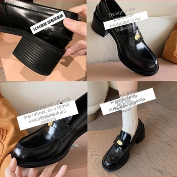 Loafers din piele pentru femei, cu monedă aurie în stil Miu, design britanic, toc gros