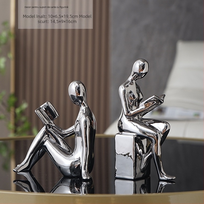 Figură abstractă minimalist placată cu argint, decor pentru bibliotecă și vitrină de vin, stil modern lux