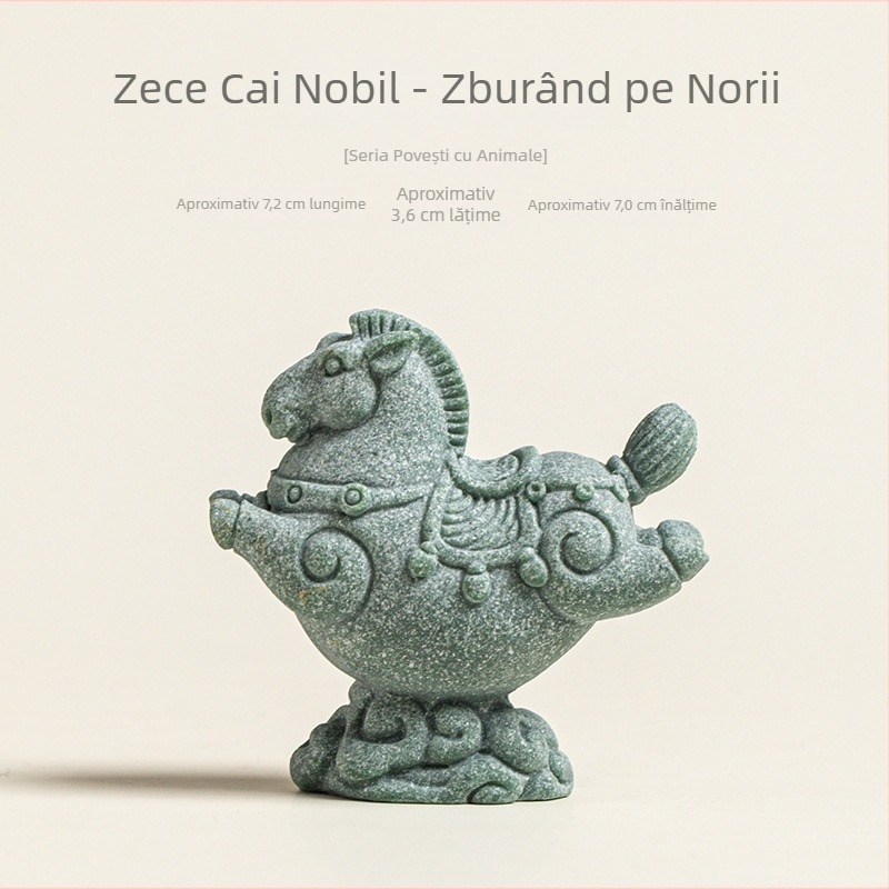 Tea pet din piatră de nisip albastră cu zece cai într-un motiv de zbor printre nori – decor pentru sufragerie, comodă TV sau bibliotecă