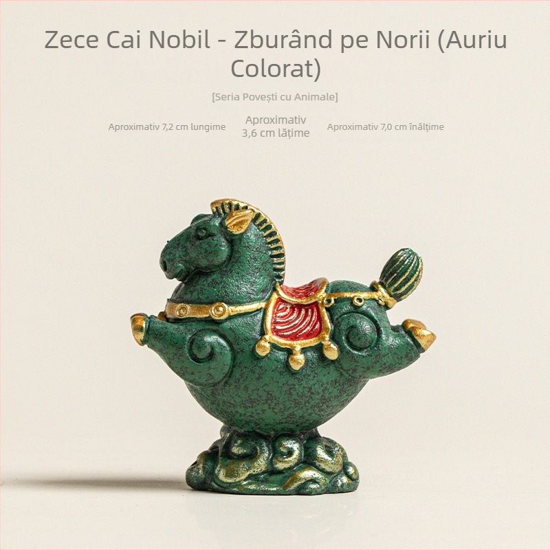 Tea pet din piatră de nisip albastră cu zece cai într-un motiv de zbor printre nori – decor pentru sufragerie, comodă TV sau bibliotecă
