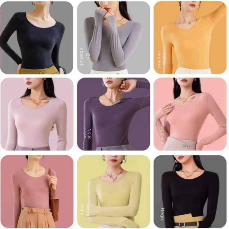 Strat termic ultra-subțire pentru femei, mânecă lungă, guler rotund, Modal, culoare Lipstick roșu