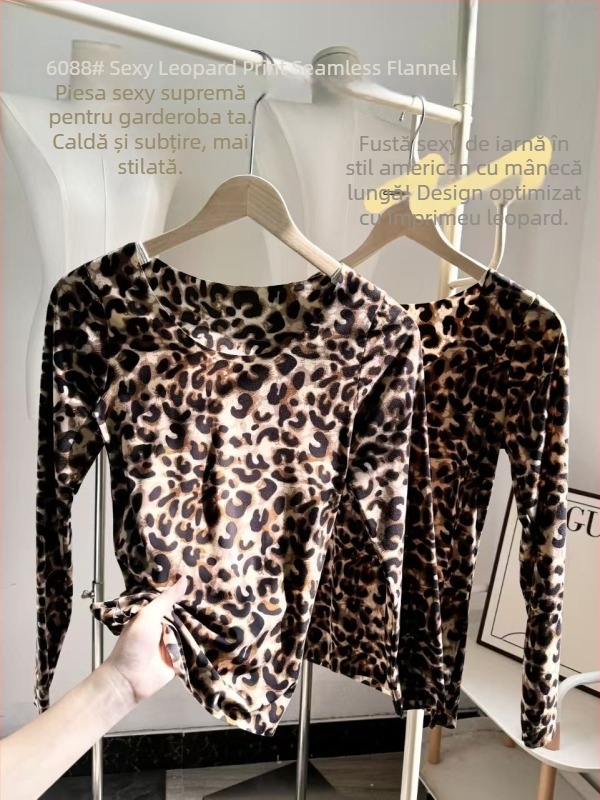 Set termic pentru femei cu imprimeu leopard – top cu mânecă lungă și pantaloni, material periat, cald pentru iarnă