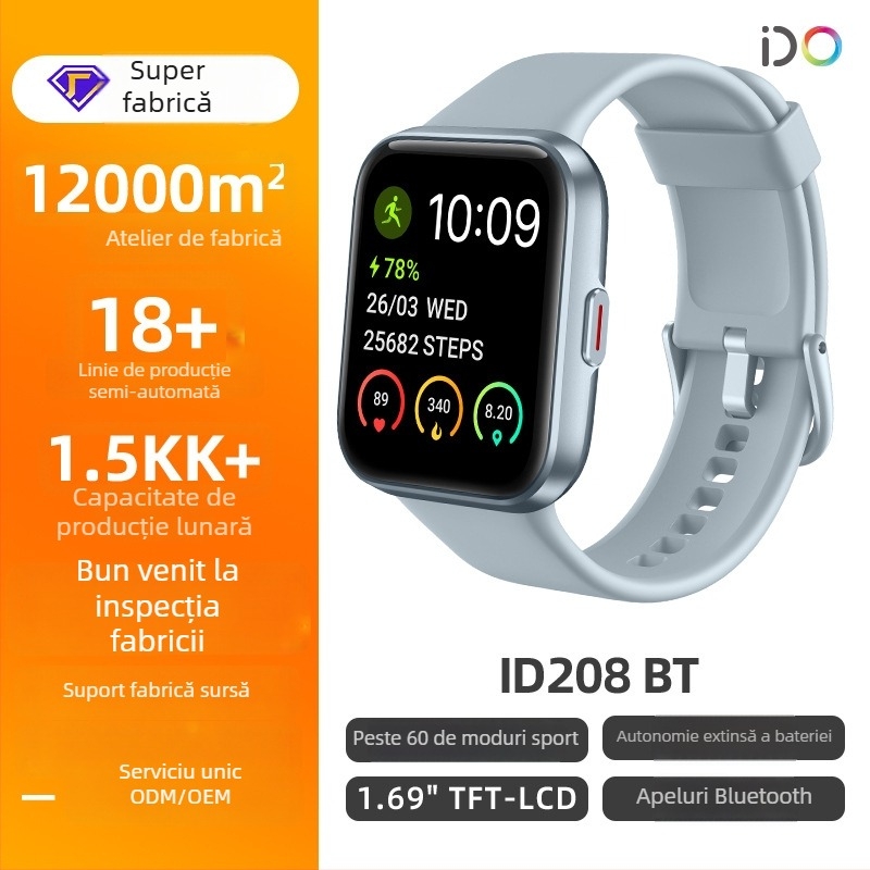 Id208bt Smartwatch cu apeluri Bluetooth, ecran TFT de 1,69 inci, puls, tensiune arterială, fitness și sănătate, personalizabil