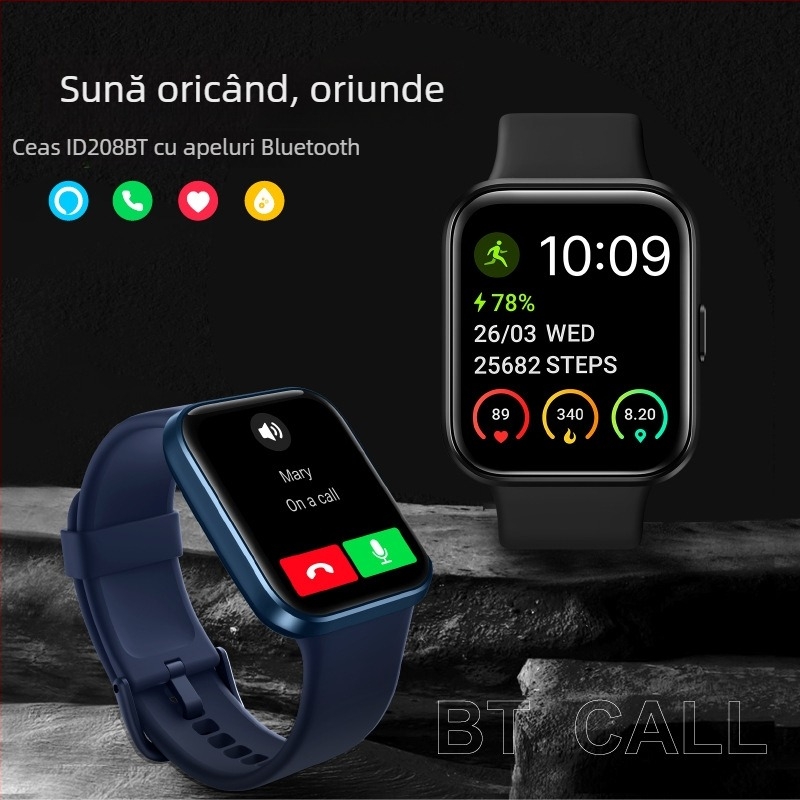 Id208bt Smartwatch cu apeluri Bluetooth, ecran TFT de 1,69 inci, puls, tensiune arterială, fitness și sănătate, personalizabil