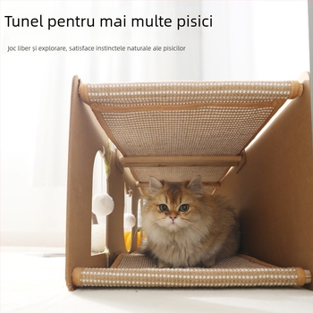 Tunel și cuib pentru pisici, într-un singur ansamblu, mare covoraș de zgâriere din iută, rezistent la zgârieturi și abraziune, fără scăpări de fibre, pentru toate anotimpurile
