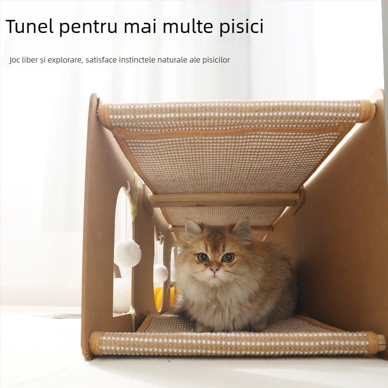 Tunel și cuib pentru pisici, într-un singur ansamblu, mare covoraș de zgâriere din iută, rezistent la zgârieturi și abraziune, fără scăpări de fibre, pentru toate anotimpurile