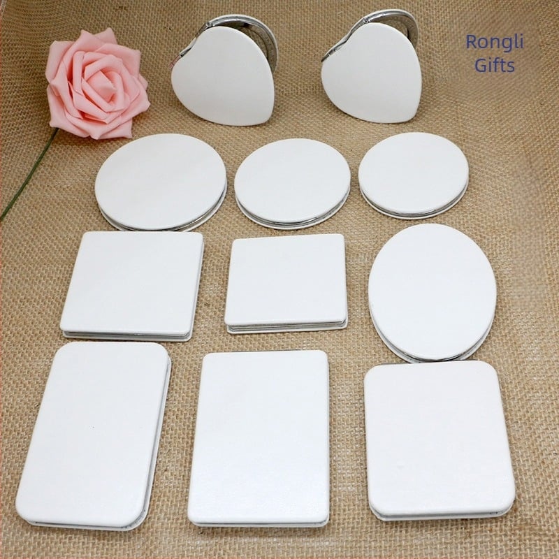 Oglindă de machiaj pliabilă, portabilă, mică, cu piele PU albă, imprimare pe ambele fețe