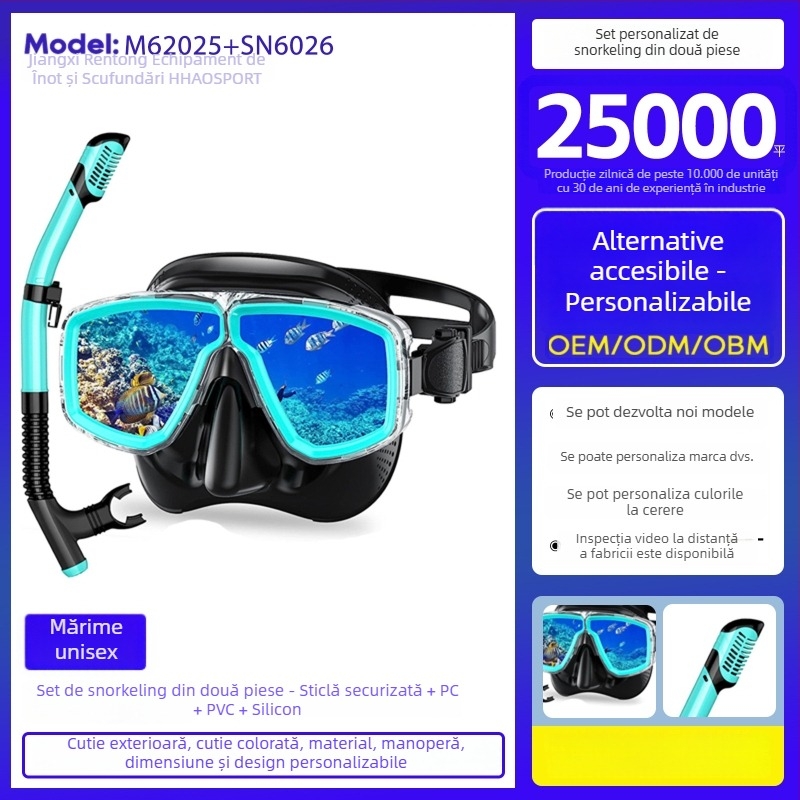 Set snorkelling din două piese cu tub uscat de respirație, mască de scufundare și ochelari