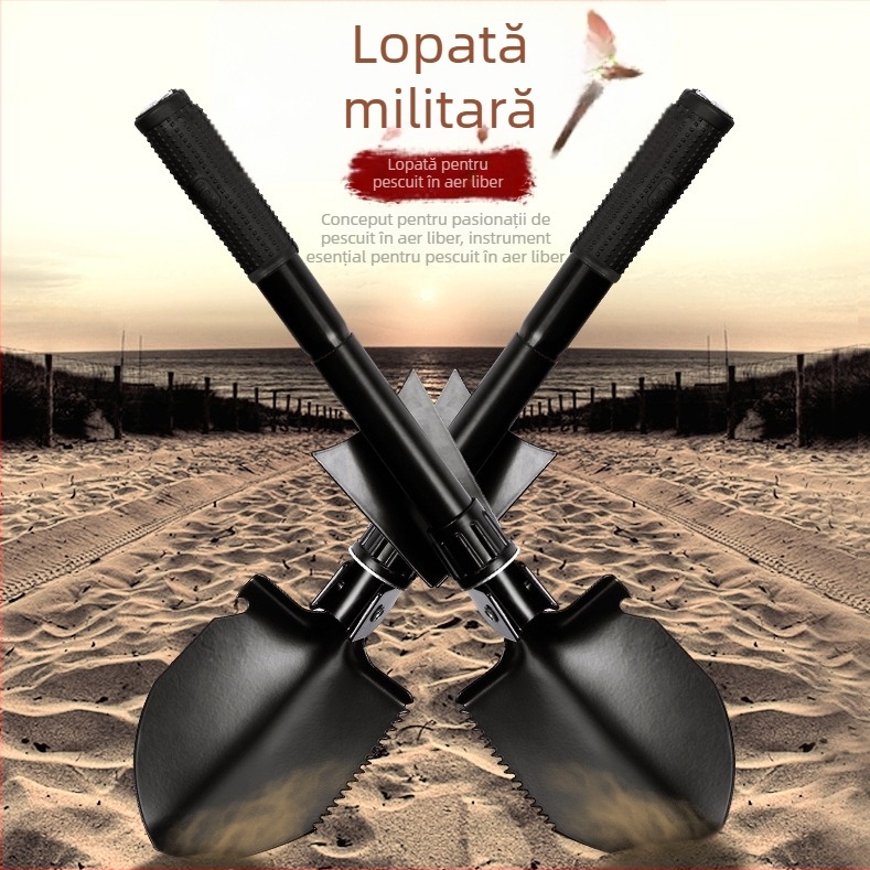 Lopată militară multifuncțională din oțel, pliabilă, pentru camping și activități în aer liber