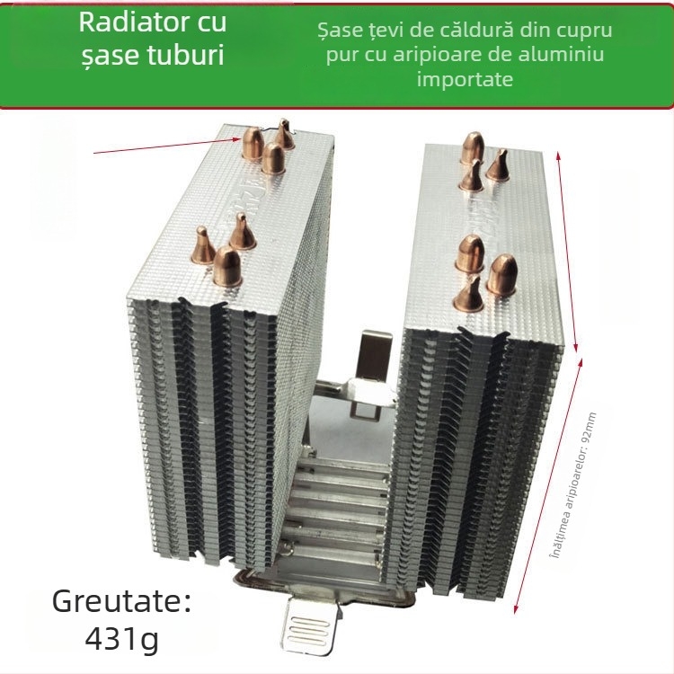 Cooler pentru CPU cu radiator din cupru-aluminiu, 2 țevi de transfer termic, dimensiune 110 mm, rulment hidraulic, 2200 RPM, funcționare silențioasă