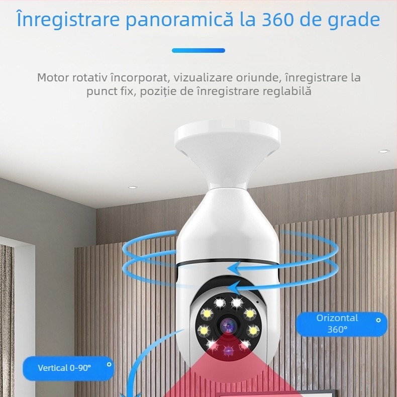 Cameră bec pentru interior, cu obiectiv dublu, fără fir, vizualizare duală, culoare 1080p, vedere nocturnă, acoperire 360°