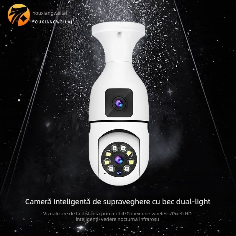 Cameră bec pentru interior, cu obiectiv dublu, fără fir, vizualizare duală, culoare 1080p, vedere nocturnă, acoperire 360°