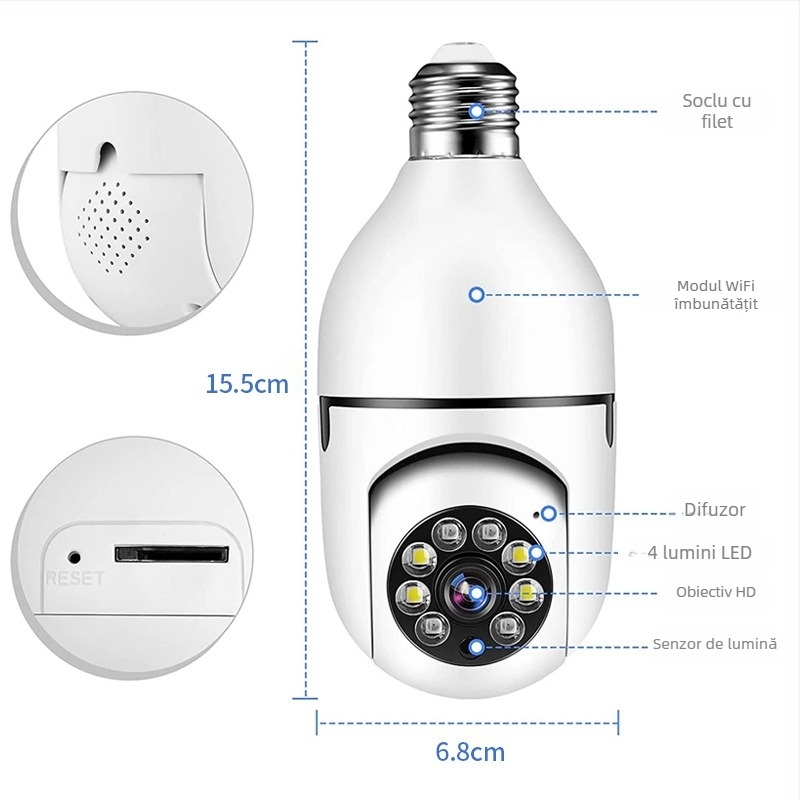 Cameră bec E27, HD, color complet, iluminare duală, Wi-Fi, viziune de noapte, cameră de supraveghere A6