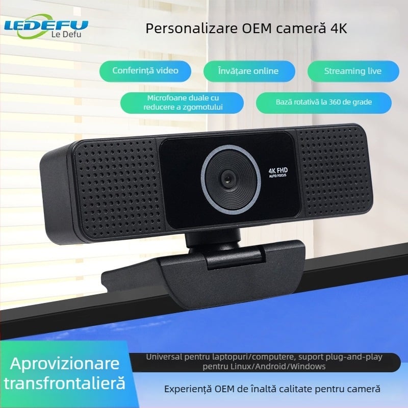 Cameră USB pentru desktop și laptop cu microfon încorporat, focalizare automată, 4K 3840x2160 la 30fps, fără drivere, plug-and-play, personalizare OEM