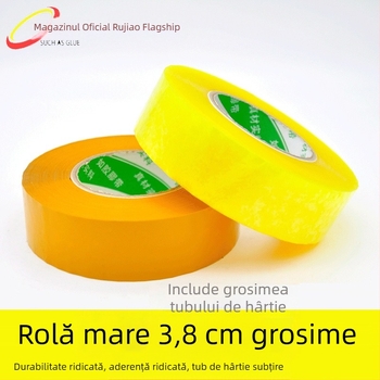 Rulon mare de bandă adezivă transparentă pentru sigilarea cutiilor, bandă de ambalare lată bej, cu aderență ridicată.