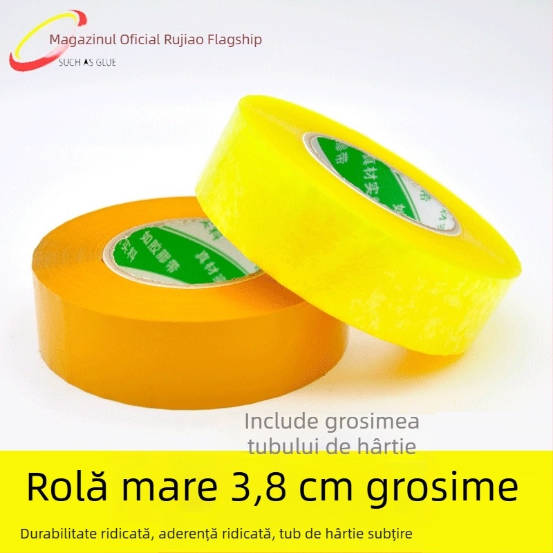Rulon mare de bandă adezivă transparentă pentru sigilarea cutiilor, bandă de ambalare lată bej, cu aderență ridicată.