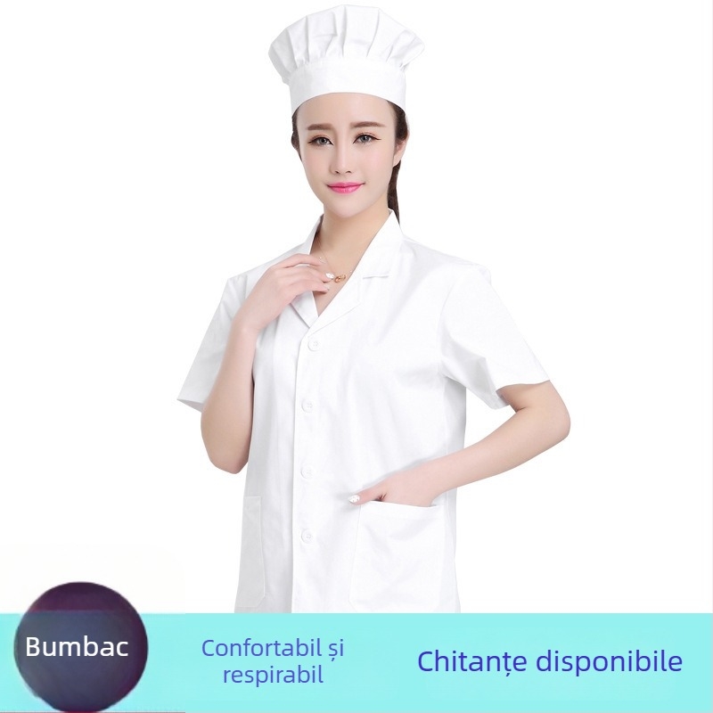 Halat alb de bucătar pentru personalul cantinei școlare și bucătărie de grădiniță, unisex, mânecă scurtă, vară
