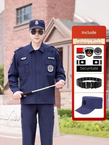 Uniformă de securitate bleumarin, set unisex cu pantaloni, mâneci lungi, poliester, material ce evacuează umezeala, uscare rapidă, pentru primăvară-toamnă și toamnă-iarna.