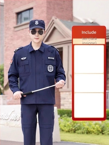 Uniformă de securitate bleumarin, set unisex cu pantaloni, mâneci lungi, poliester, material ce evacuează umezeala, uscare rapidă, pentru primăvară-toamnă și toamnă-iarna.