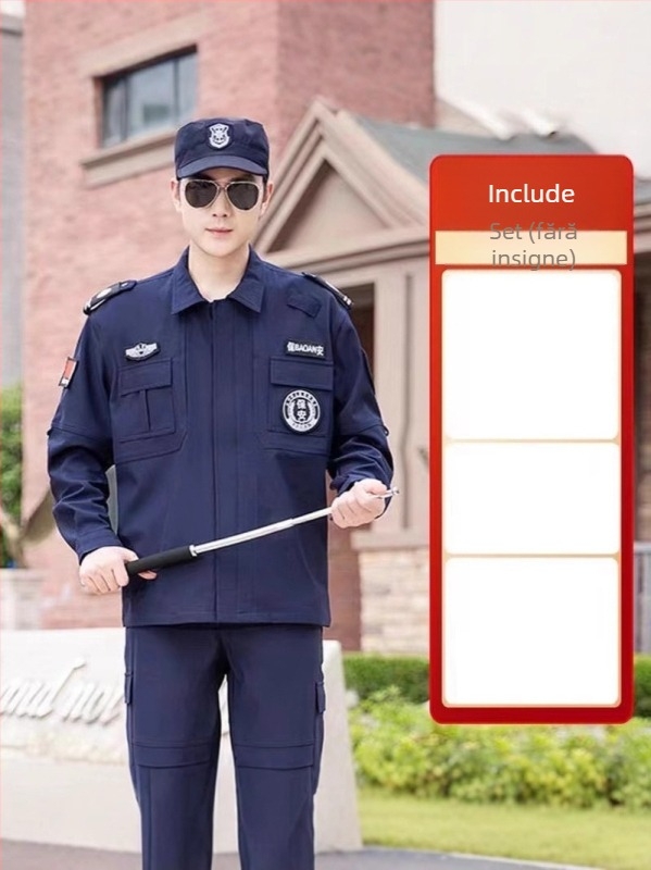 Uniformă de securitate bleumarin, set unisex cu pantaloni, mâneci lungi, poliester, material ce evacuează umezeala, uscare rapidă, pentru primăvară-toamnă și toamnă-iarna.