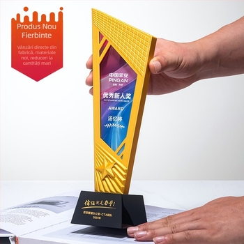 Trofeu de cristal creativ cu rășină 3D și gravură colorată în aur, argintiu și cupru – premiu premium pentru conferințe și trofeu memorial