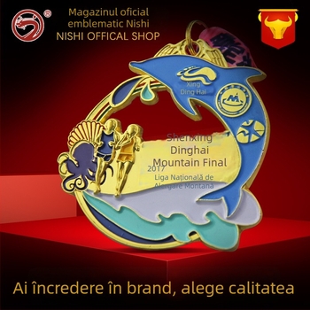 Medalie metalică personalizată, în formă, emailată, design decupat, premiu pentru maraton