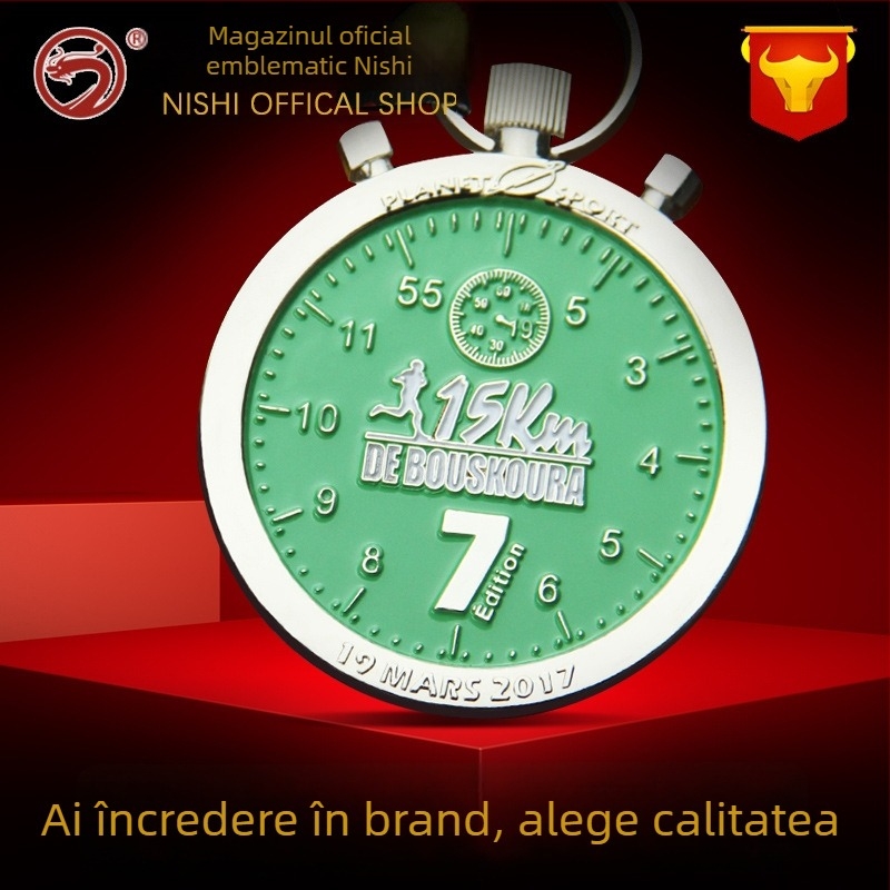 Medalie metalică personalizată, în formă, emailată, design decupat, premiu pentru maraton