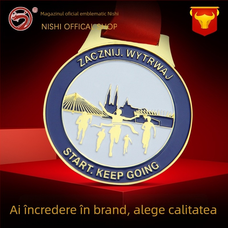 Medalie metalică personalizată, în formă, emailată, design decupat, premiu pentru maraton