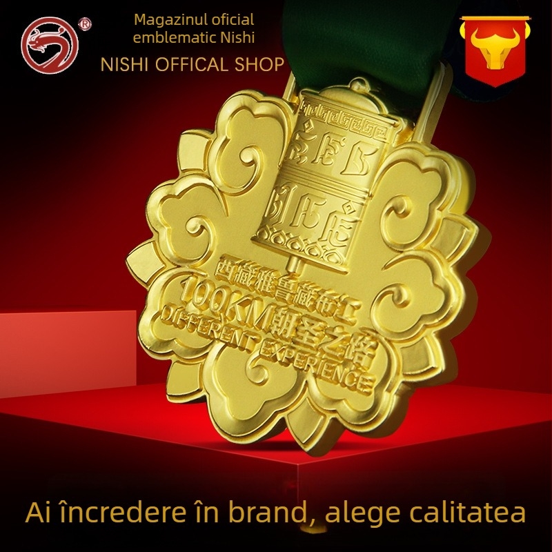 Medalie metalică personalizată, în formă, emailată, design decupat, premiu pentru maraton