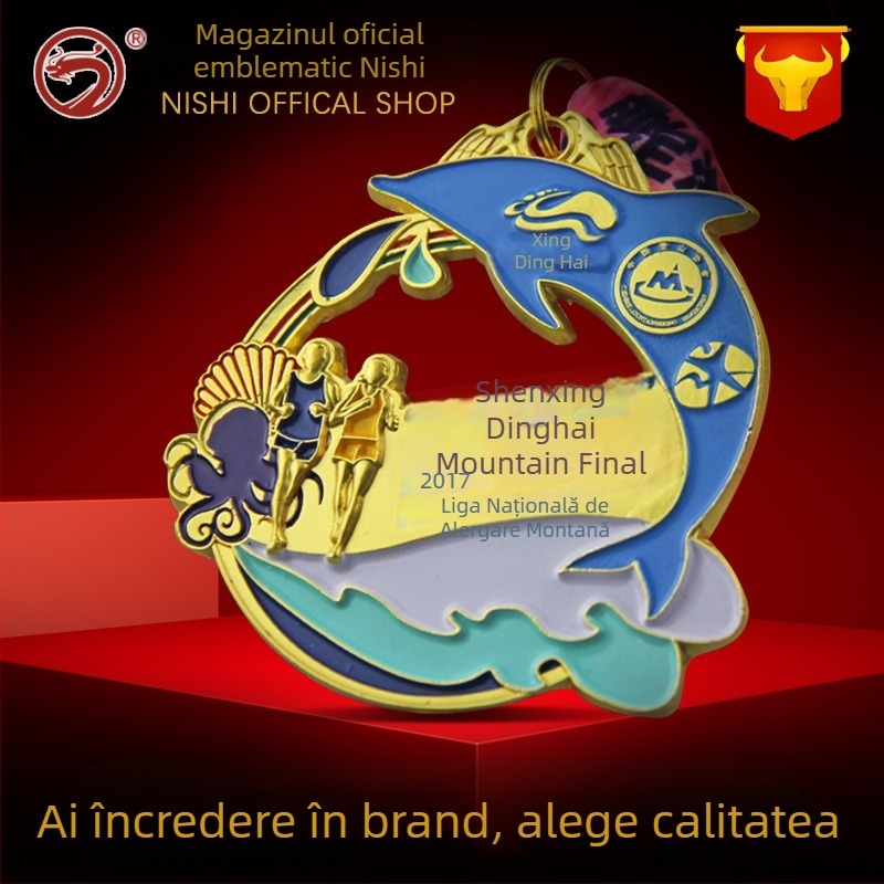 Medalie metalică personalizată, în formă, emailată, design decupat, premiu pentru maraton