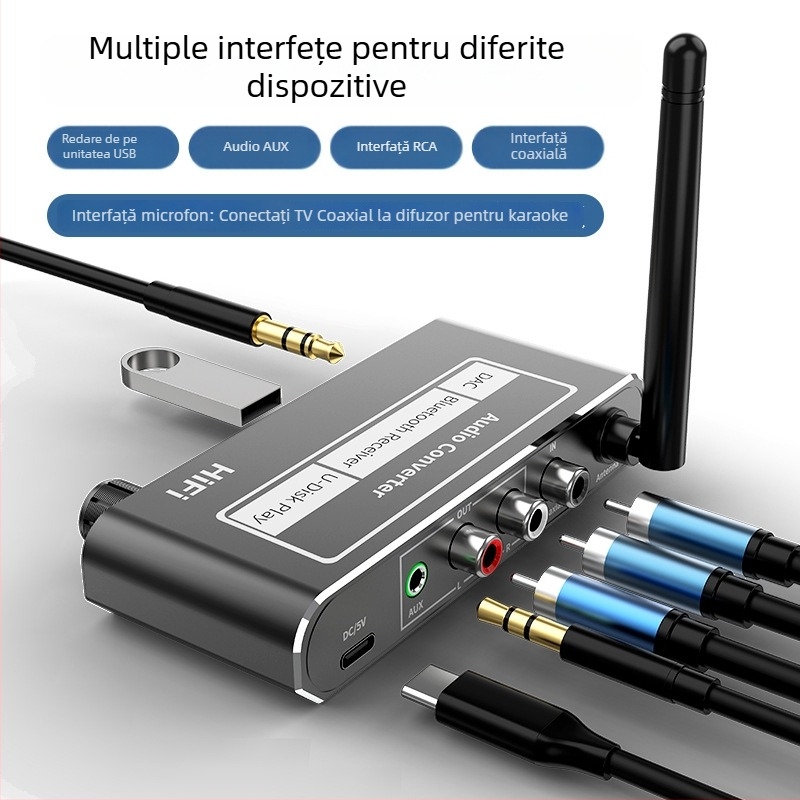 Receptor Bluetooth și amplificator pentru sunet, cu telecomandă, conversie de la cablu la wireless, redare prin USB flash drive și microfon