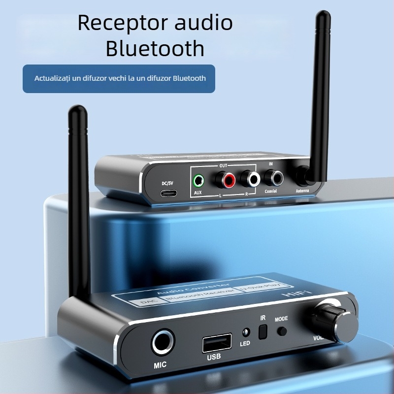 Receptor Bluetooth și amplificator pentru sunet, cu telecomandă, conversie de la cablu la wireless, redare prin USB flash drive și microfon