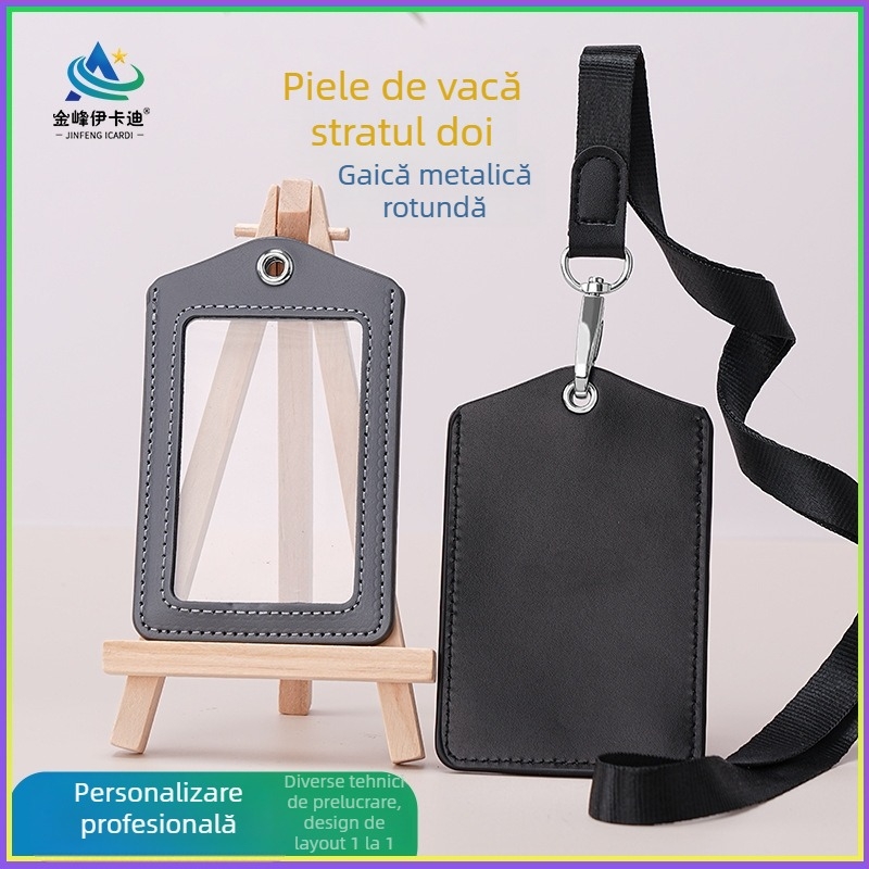Husă din piele autentică pentru card de identificare profesional, cu șnur, etichetă cu nume și etichetă de marcă, pentru card de acces autobuz