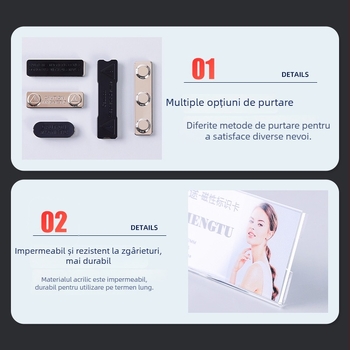 Insignă acrilică transparentă cu ac — suport pentru card de identificare, cu inserții