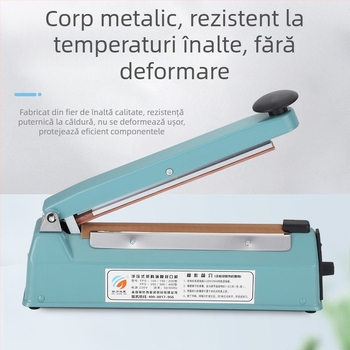 Mașină de sigilat cu carcasă metalică, tip 200, manuală, compactă pentru sigilarea pungilor din plastic; ambalare neutră disponibilă.