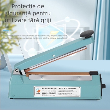 Mașină de sigilat cu carcasă metalică, tip 200, manuală, compactă pentru sigilarea pungilor din plastic; ambalare neutră disponibilă.