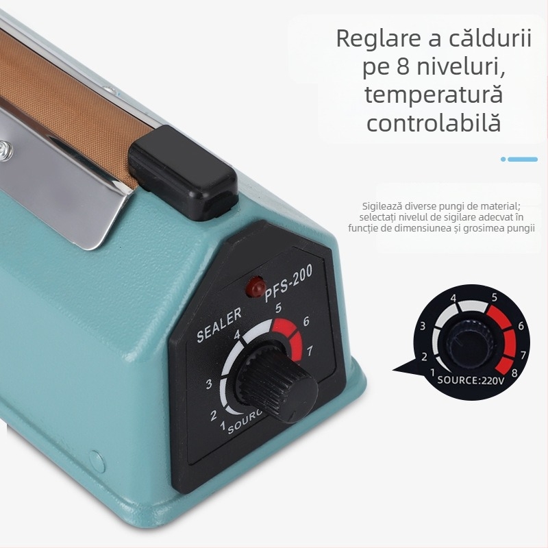Mașină de sigilat cu carcasă metalică, tip 200, manuală, compactă pentru sigilarea pungilor din plastic; ambalare neutră disponibilă.