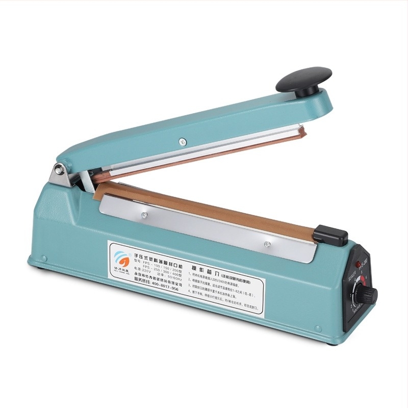 Mașină de sigilat cu carcasă metalică, tip 200, manuală, compactă pentru sigilarea pungilor din plastic; ambalare neutră disponibilă.