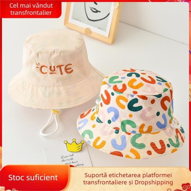 Pălărie de pescar de vară, cu două fețe, unisex pentru copii, cu bor lat, stil drăguț de desen animat