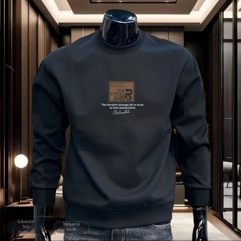 Pulover pentru bărbați cu imprimeu, guler rotund, mâneci lungi, croială slim, fleece ușor potrivit pentru primăvară-toamnă