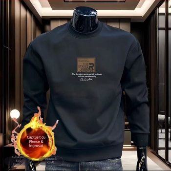 Pulover pentru bărbați cu imprimeu, guler rotund, mâneci lungi, croială slim, fleece ușor potrivit pentru primăvară-toamnă