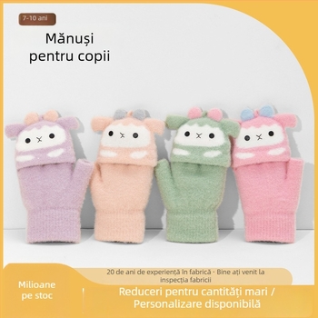 Mănuși de iarnă pentru copii, cu deget jumătate și capac rabatabil, căptușite cu fleece, calde