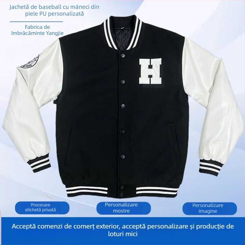 Jachetă de baseball pentru bărbați, broderie cu patch și broderie pe prosoape, croială lejeră, mâneci din PU, căptușeală fleece dublă, guler rotund, nasturi, pentru iarnă