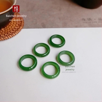 Inel unisex din jad verde spanac, design geometric, imitatie Hetian jad