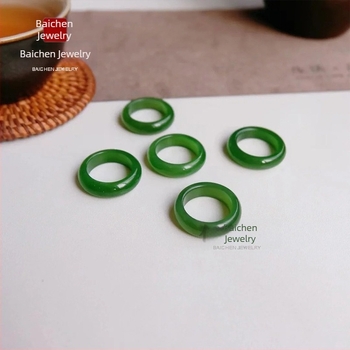 Inel unisex din jad verde spanac, design geometric, imitatie Hetian jad