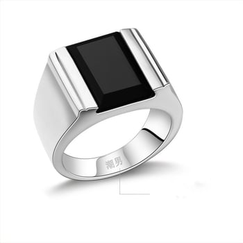 Inel din argint sterling cu onix negru pentru bărbați, inel lat din obsidian
