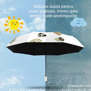 Parasolar pliabil cu trei segmente, design cu desen animat, protecție UV și strat negru, deschidere și închidere manuală