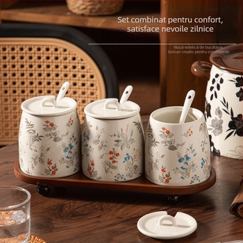 Set de borcane ceramice pentru bucătărie: borcane mari pentru sare și condimente, borcan pentru untură, recipiente pentru ulei de ardei iute și condimente
