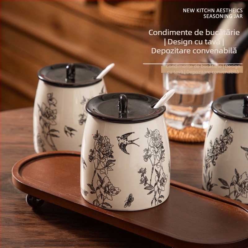 Set de borcane ceramice pentru bucătărie: borcane mari pentru sare și condimente, borcan pentru untură, recipiente pentru ulei de ardei iute și condimente